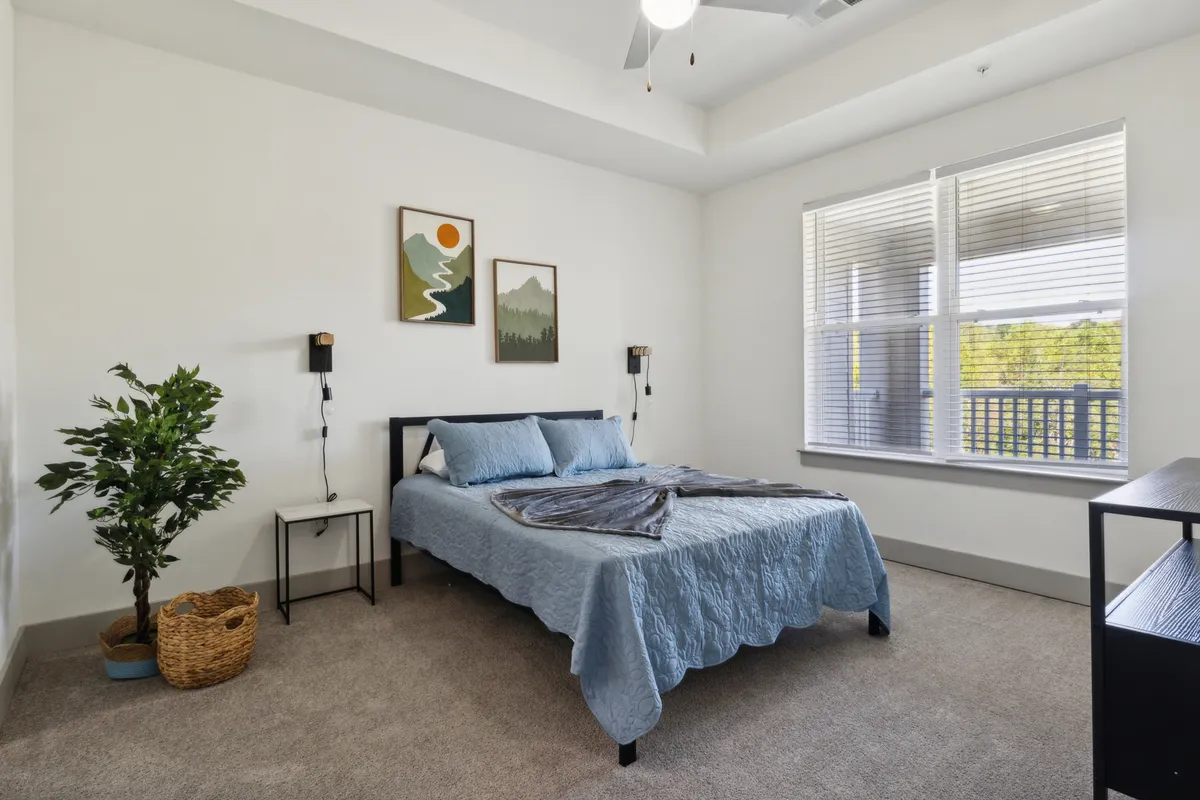 A serene bedroom with a comfortable bed, tasteful wall art, and a potted plant, bathed in gentle natural light. The overall mood is calm and inviting, perfect for relaxation and restful sleep.