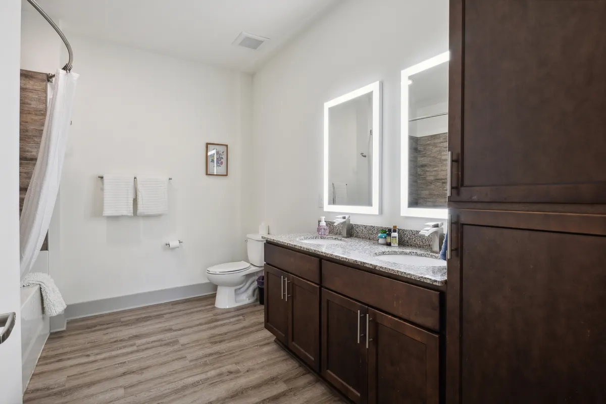 A spa-inspired bathroom featuring a modern vanity with mirrors, a luxurious bathtub, and elegant wood flooring. The space is bright, clean, and exudes a spa-like serenity for relaxation and daily rituals.