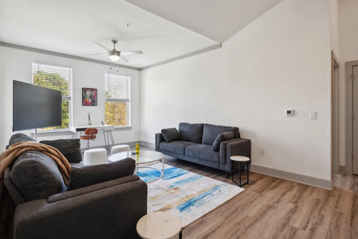 A contemporary living space with comfortable sofas, a coffee table, eye-catching artwork, and a convenient desk and chair setup. The decor is modern and thoughtful, offering zones for both relaxation and productivity within the open-plan layout.