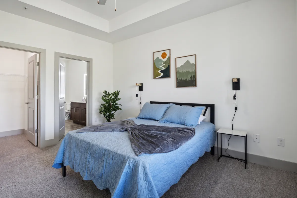 A cozy bedroom featuring a bed with plush blue bedding, artwork adorning the walls, and a healthy indoor plant by the side. Soft natural light filters into the room, evoking a sense of tranquility and comfort.