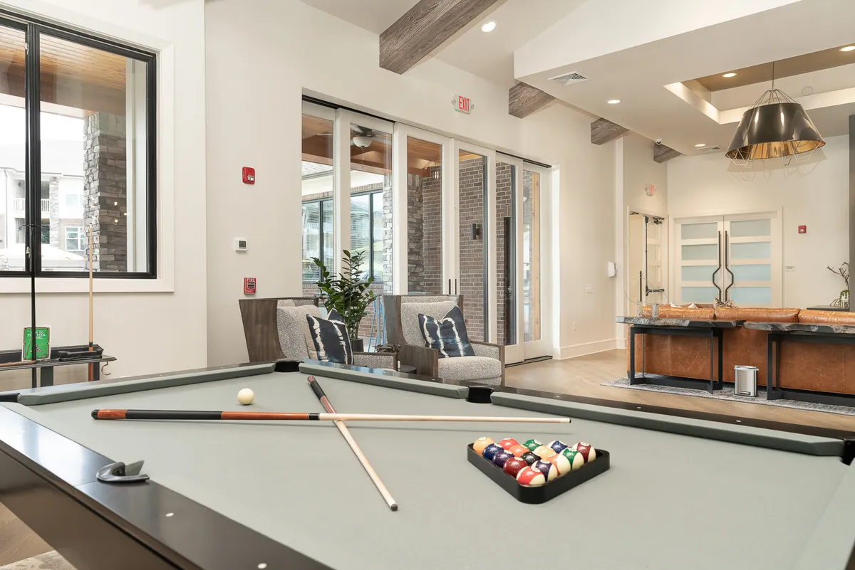A spacious, light-filled room featuring a pool table as the focal point, surrounded by comfortable seating, large windows, and decorative plants. The arrangement suggests flexibility for both leisure activities and social gatherings, with plenty of natural light to create an uplifting atmosphere.